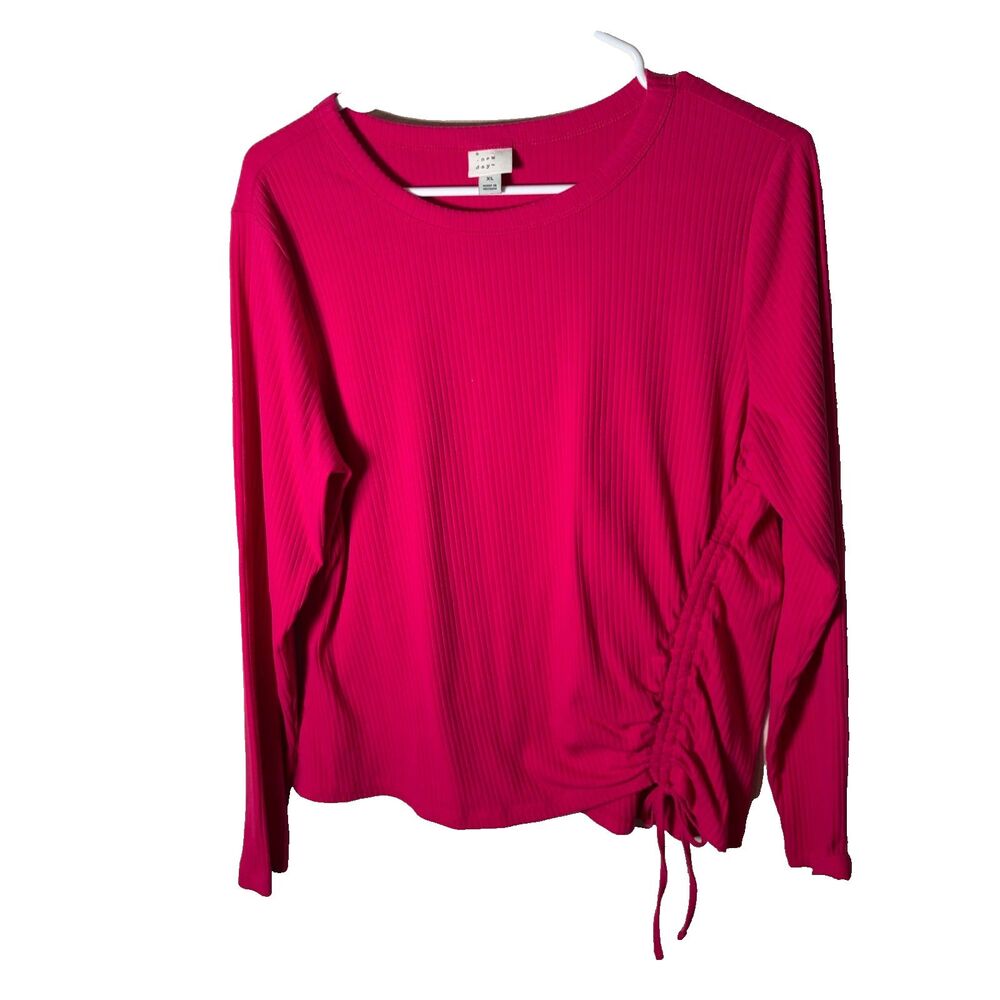 A New Day T-Shirt Women's XL Pink Ribbed Ruched Long Sleeve Round Neck Shirt